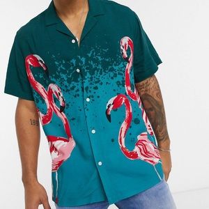 Mens Button-down Flamingo Print Shirt